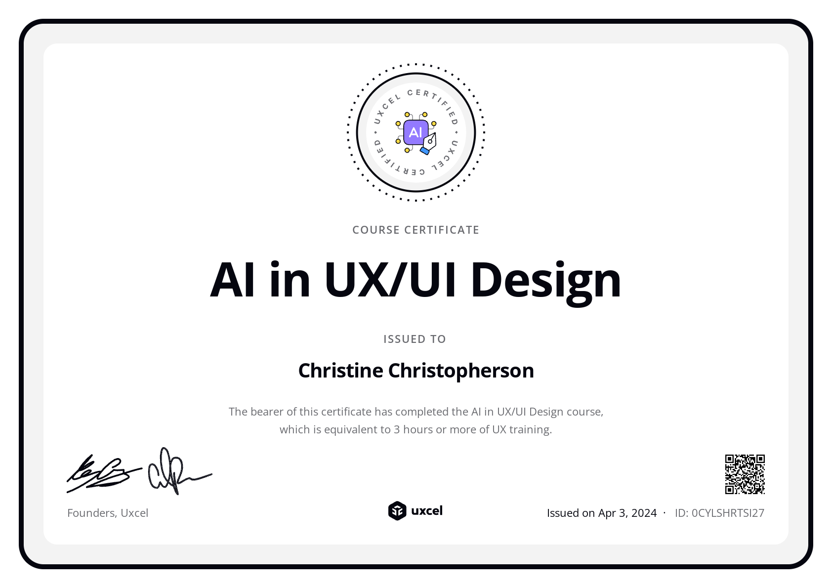 Christine Christopherson's certificate